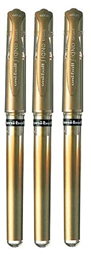Uni Ball Gold Signo Pen Broad Metallic Gel Ink Rollerball Metal 1mm Tip Nib 0.65mm Line Width With Rubber Grip UM-153 (Pack Of 3)