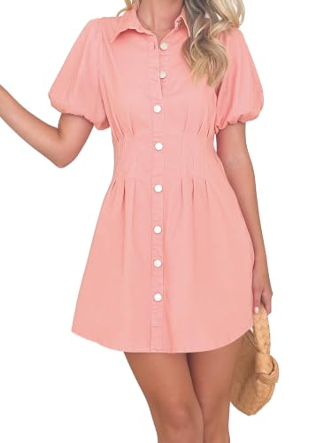 Image of Summer Denim Dress for Women Puff Sleeve Slim Fit Jean Dresses for Women | Puff Sleeve Denim Dress, Collared Button Front, Side Zip, Cinched Waist, Stretch Fabric, A-Line Hem