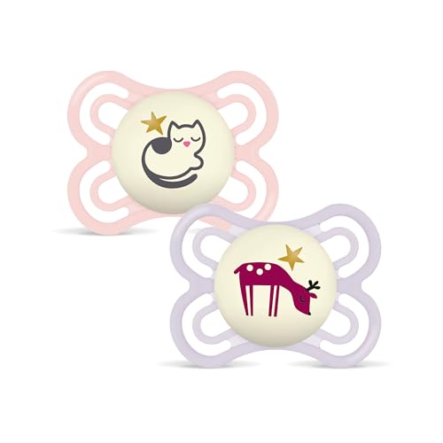 MAM Perfect Night Schnuller | 0-6 Monate | leuchtende Babyschnuller | 94% Akzeptanz | von Experten empfohlen | beugt Zahnfehlstellungen vor | SkinSoft Silikon | Katze/Reh | 2 Stück