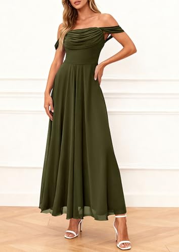 PRETTYGARDEN Womens Off Shoulder Maxi Summer Dresses 2026 Elegant Mesh Aline Swing Ruched Flowy Cocktail Wedding Guest Dress (Army Green,Large) — view 3