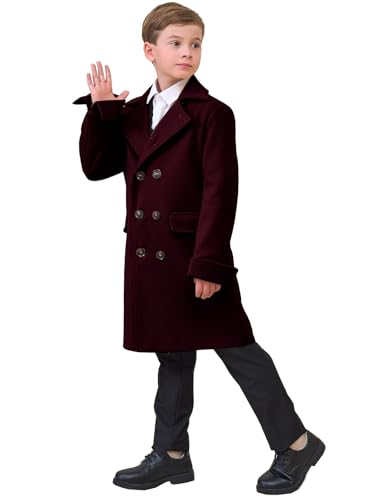 Boys Notch Lapel Double Breasted Jacket Long Trench Dress Coat Casual Classic Peacoat4
