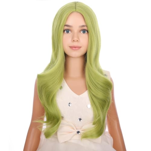 Image of PATTNIUM Kids Olive Green Wig Long Wavy Green Wig Matcha Green Wigs Middle Part Synthetic Wigs