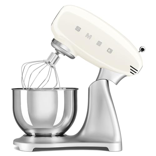 Image of SMEG SMF04 5-Qt Stand Mixer with Smooth Start & SteadyMix, 600W Motor, 10 Speeds, Stainless Steel Bowl & Pour Shield - Retro 50's Style Planetary Mixer for Bread Dough, Baking & Desserts-Cream