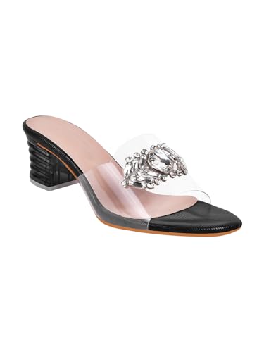 Image of TRYME Embellished Front Studded Buckle Block Heels Comfortable Transparent Party Kitten Heel for Womens & Girls