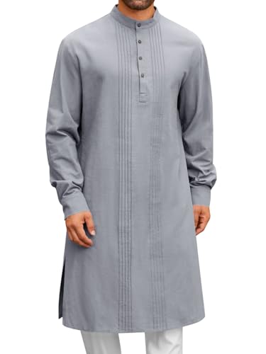Image of Runcati Mens Kaftan Robe Button Down Long Sleeve Cotton Linen Thobe Casual Muslim Gown Henley Shirt
