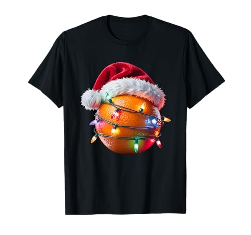 Naranja Amante Fruta Navidad Luces Santa Sombrero Mujeres Hombres Camiseta