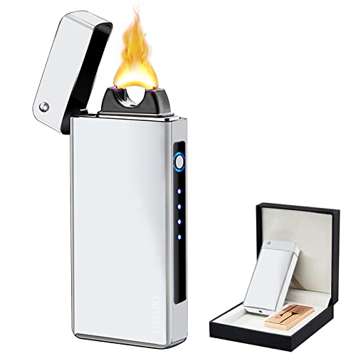 TIKIUKI Electric Rechargeable Flameless Windproof Plasma Lighter - Butane Free with High Capacity Battery for Candles (Silver)