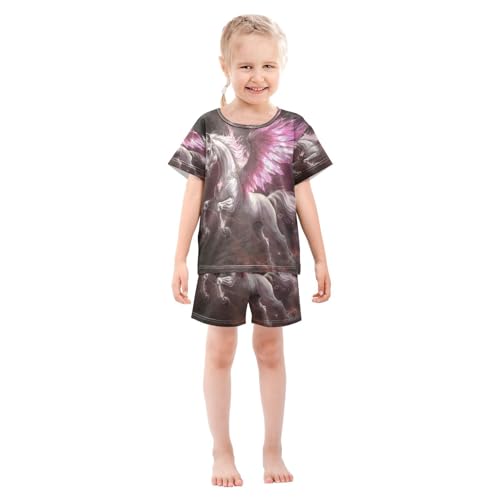 ALAZA Unicorn Wing Horse Animal Pajamas Set Short Sleeve Cotton Sleepwear Summer Pjs 2 Piece 5-14Y3