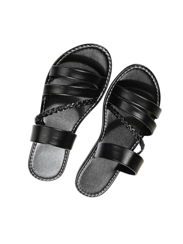 Verdusa Women's Braided Strappy Flat Sandals Summer Slides Open Toe Beach Shoes Black 7.5