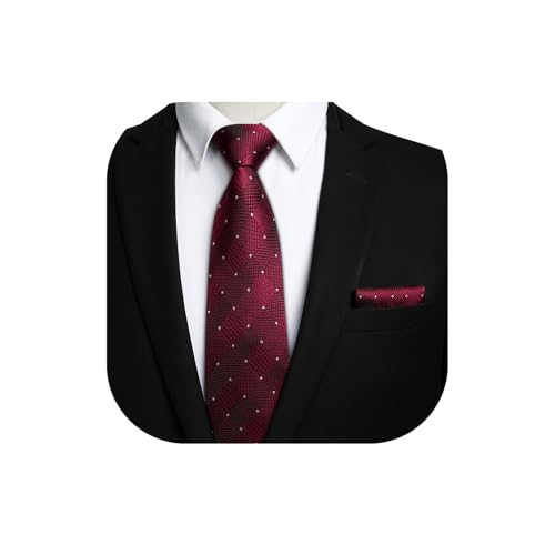 HISDERN Krawatten Dunkelrot Herren Formelle Klassische Krawatte mit Einstecktuch Hochzeit Karierte Herrenkrawatte und Taschentuch Set für Männer