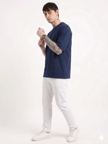 Image of Men's Oversized Plain Round Neck 100% Cotton T-Shirt | Soft Breathable Casual Half Sleeve Tee