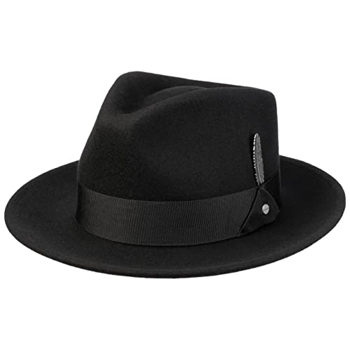 Stetson Burdock Fedora Wollhut Klassischer Bogart-Stil Wasserabweisend mit Asahi Guard Unisex Herbst Winter schwarz L (58-59 cm)