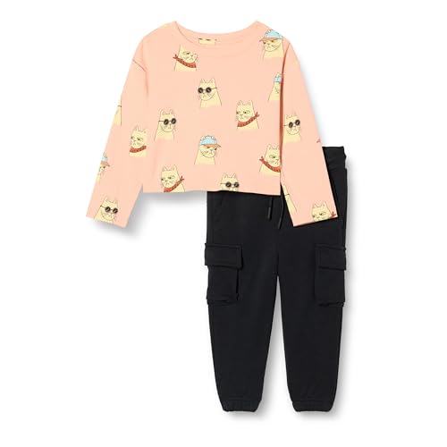 Amazon Essentials Mädchen Set aus langärmeligem T-Shirt und Schlupfhose Coole Katze/Schwarz 8 Jahre