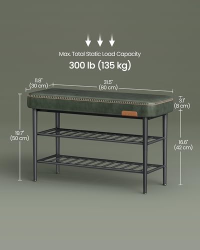 VASAGLE EKHO Collection - Shoe Rack Bench, Storage Bench for Entryway, Synthetic Leather with Stitching, Mid-Century Modern, Loads 300 lb, 11.8 x 31.5 x 19.7 Inches, Forest Green ULSB054C01