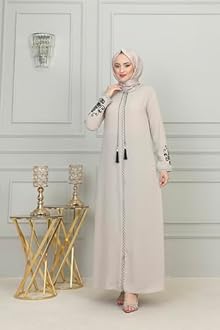 istanbul styles Women's Embroidered Sleeves Abaya and Embroidered On The Side of The Zipper Long Sleeve Floor Length Turkish Islamic Fashion (Beige, Small)