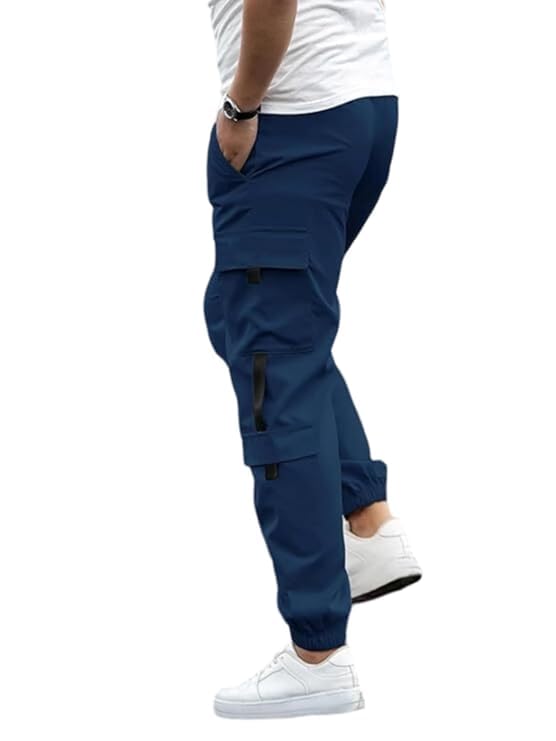 Image of Men's Cargo Pants | Lycra Blend Regular Fit | Solid Color Casual Trousers with Drawstring Closure | Comfortable Everyday Bottoms