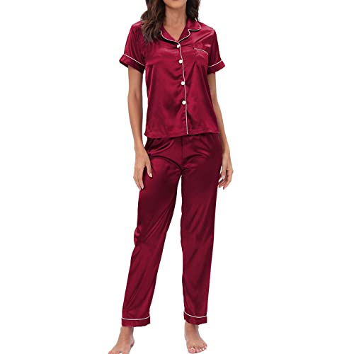 My Orders Womens Pajamas Silk Satin Pajama Sets for Women Short Sleeve Soft Button Down Shirt Long Pants Loungewear Set Red