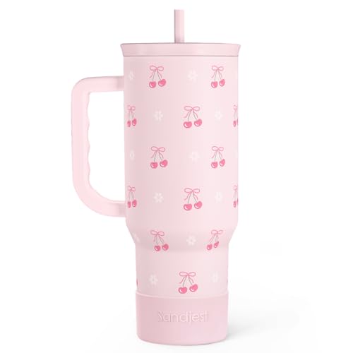 Image of SANDJEST Cherry 40oz Slider Tumbler with Handle and Straw - Insulated Stainless Steel Travel Coffee Mug for Women Girls, Gift for Birthday Christmas
