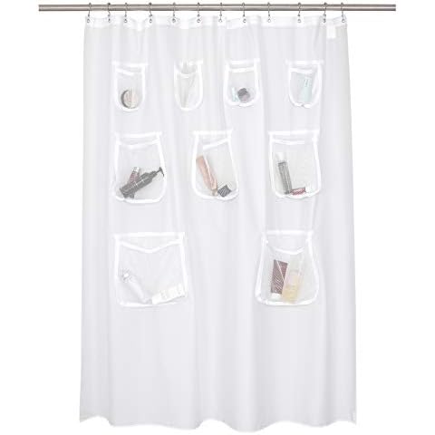 N&Y HOME Water Repellent Fabric Shower Curtain or Liner with 9 Mesh Pockets - White, 71x72 Inches Cover
