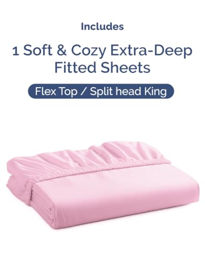 Image of Extra Deep Flex Top Split Head King Fitted Sheet - Hotel Luxury Single Fitted Sheet Only - Easily Fits 18 inch to 24 inch Mattress - Ultra Soft, Wrinkle Free w /Extra Deep Pockets - Light Pink