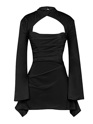 Vestido feminino de manga comprida franzido espaguete sexy frente única cetim ombro de fora frente ú