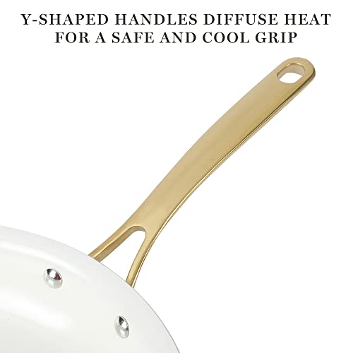 Martha Stewart Lockton Premium Nonstick Pfa Free Ceramic Interior 10 Piece Heavy Gauge Enamel Aluminum Pots And Pans Cookware Set - Linen White W/Gold Handle #TOP3