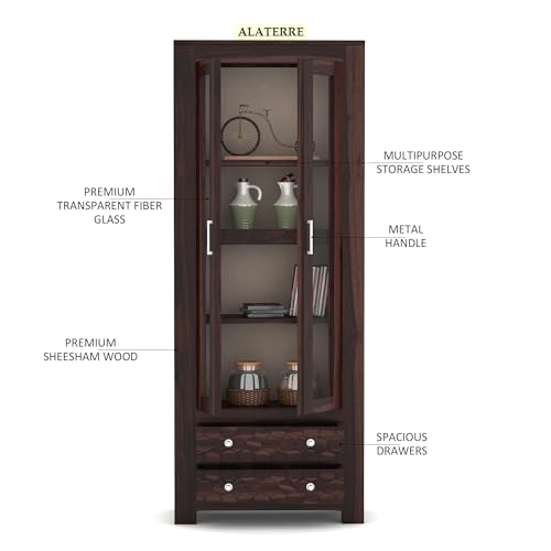 Image of Wood Book Shelf for Home Library | Wooden Book Shelf with Glass Door | Kitchen Crockery Cabinet, Almirah, Home Furniture, Books Rack, Book Stand, BookCases, Shelves, Walnut Finish