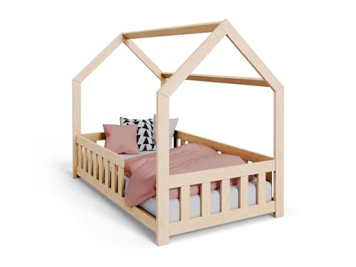 KOBI Lit en Forme de Maison DUBI pour Enfants, en Bois, 160x80 cm, Naturel, avec matelaspour Chambre d'enfant garçon ou Fille