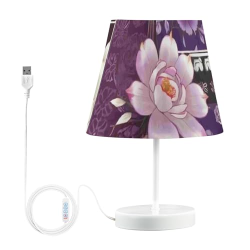 Lampe de table traditionnelle à motif baroque violet/blanc, 3 températures de couleur, lampes de chevet cylindriques USB, lumière chaude pour enfants,...