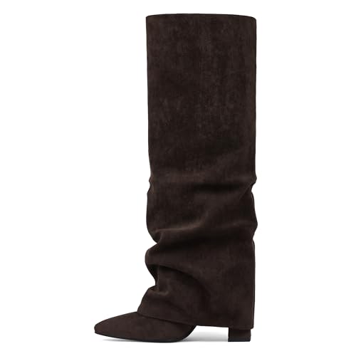 Image of SaraIris Women's Slouchy Knee High Boots - Black, Pointed Toe, Fold Over, Chunky, Shark Boots
