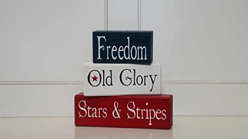 Freedom Old Glory Stars Stripes Summer Primitive Country Distressed Wood Stacking Sign Blocks Seasonal Holiday America Fourth of July 4th of July Americana Home Decor