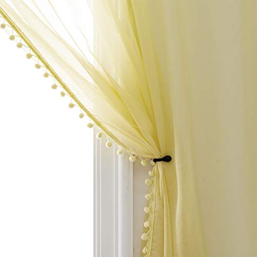 Selectex Linen Look Pom Pom Tasseled Sheer Curtains - Rod Pocket Voile Semi-Sheer