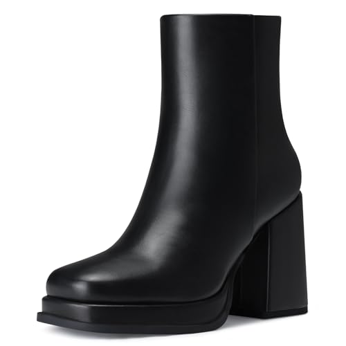 CELLENZ Women Platform Ankle Boots: Fashion Platform Boots - Black Leather Fall Ankle Boots - Chunky Heel Short Booties Womens Size 10