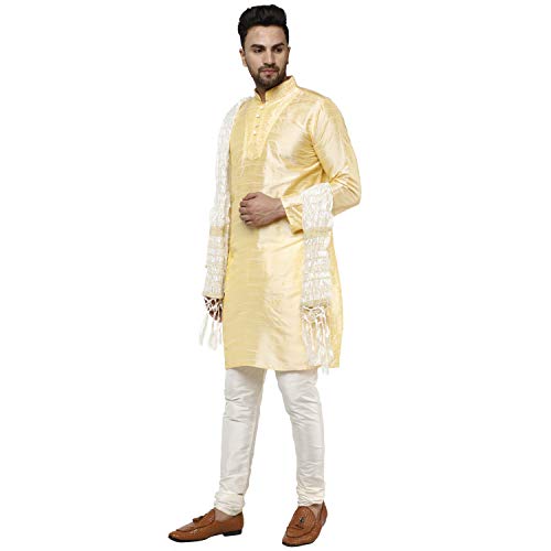 Image of SKAVIJ Men's Art Silk Embroidered Kurta Pyjama Scarf Set 3-Piece Woven Design Festive Party Dress