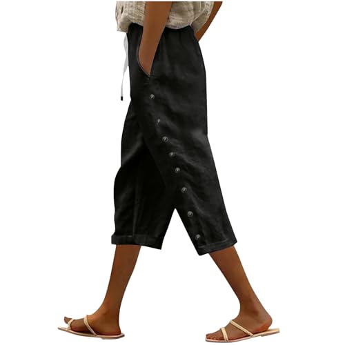Capris Pants for Women Straight Leg Linen Pants Women with Pockets Summer Drawstring Elastic High Waist Crop Pant