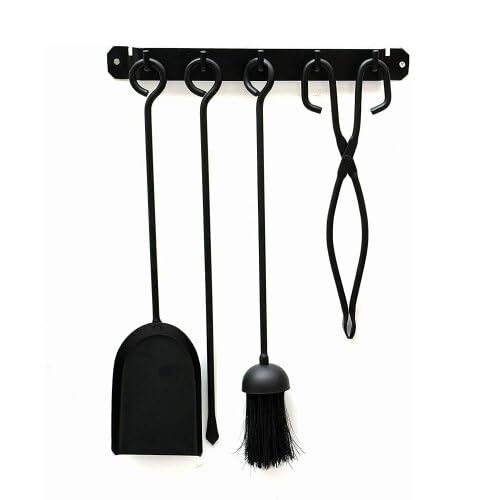 AuraHome Fireplace Tools Companion Set Wrought Iron Wall Mountable Brush Poker Shovel Tongs & Wall Mounting Hanger 36cm Wide Hearth Tidy