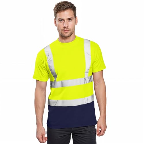GUBA Mens Hi Vis T Shirts, High Visibility Short Sleeves T-Shirt, Reflective Tape Safety 2 Tone Work Breathable Lightweight Workwear Round Neck Top S-5XL (Yellow/Navy, S)