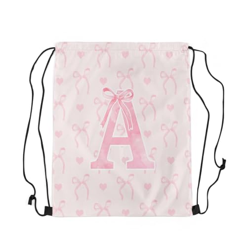 Erosebridal Initial Letter A 13x15.7 For Sport Gym Swim Yoga Pink Alphabet String Bag Romantic Butterfly Knot Sackpack Kawaii Love Hearts Reversible foldable Bowknot Cinch Bag3