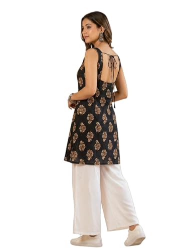 Image of Women's Black Ethnic Printed Kurti | Sleeveless Straight Kurta | Soft 100% Cotton Daily