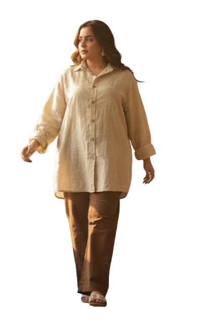 Elegant Oversized Linen Shirt with Khadi Pants Cord Set, Beige and Brown, Casual Wear-image-34