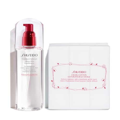 Shiseido Treatment Softener (150 mL) + Facial Cotton Pads (Includes 165 Squares) - Balances & Hydrates for Smooth, Refined Skin - For Normal & Combination to Oily Skin