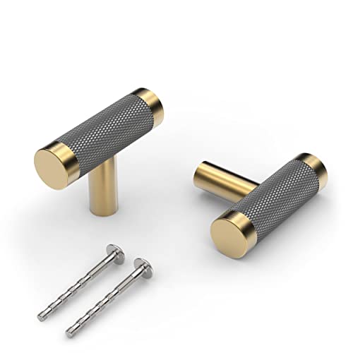Bar Cabinet Handle Knob Pull Brushed Satin Gold/Brass Finish with Electroplated Dark Gray for Kitchen Cabinet Hardware/Dresser Drawer Handles 10 Pack