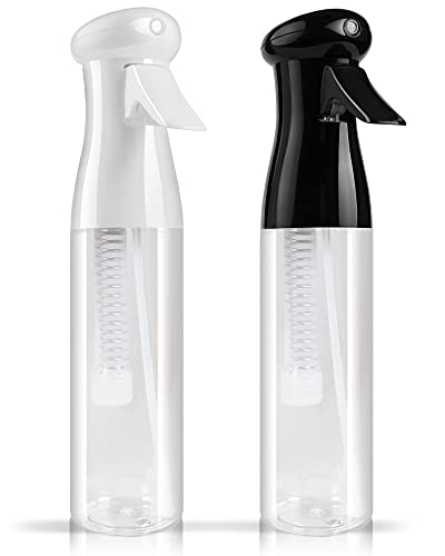 Hair Spray Bottle 2 Pack 10oz/300ml, OIOIPPIO Refillable Continuous Sprayer Hair Water Ultra Fine Mister Spray Bottle for Hairstyling, Cleaning, Gardening,Skin Care BPA Free(Black&White)