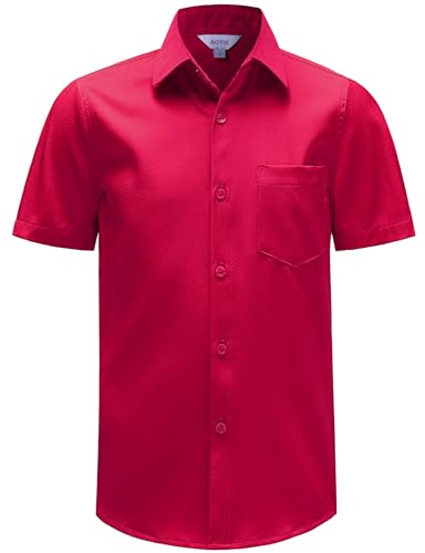 AOTIK Boys Stretch Wrinkle Free Dress Shirts Button Down Shirt Short Sleeve Formal School Uniform Shirts 12 Red