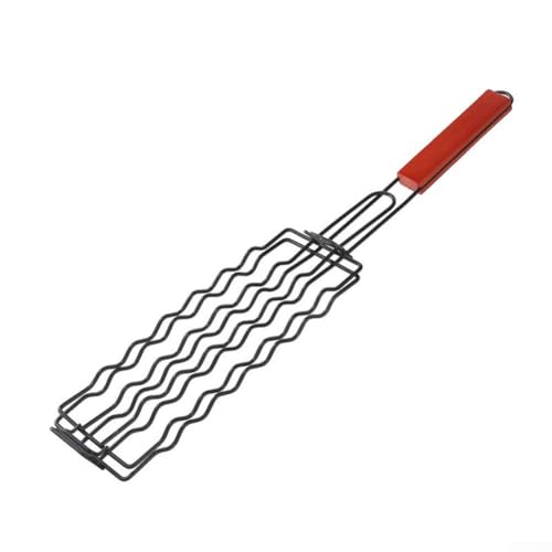 Stainless Steel BBQ Grill Basket for Hot Dogs, Vegetables & Meat - Heat Resistant Wood Handle, Lockable Design, Holds 6 Sausages for Backyard, Camping & Picnics