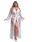 ohyeahlady Bata Mujer Encaje de Playa con Manga Larga Albornoces Talla Grande Ropa Traje de Baño Bikini Camisón Bata Kimono Vestidos Playeros Lenceria Curvy Ropa Interior Divertida Elegante Blanco,M