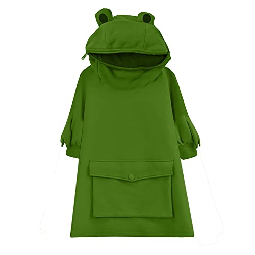 AMhomely Frosch-Kapuzenpullover für Damen, langärmelig, lässig, mit Kapuze, lockere Passform, übergroße Tunika, Pullover mit Tasche, lässiges T-Shirt, niedliches Tier-Kapuzen-Top, 01 grün, 36