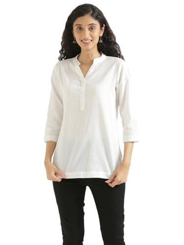 Image of SAADAA Women Short Kurti Airy Linen Regular Fit Kurta with 3 /4th Sleeves, Mandarin Collar, Side Slit Perfect for Casual, Formal, and Ethnic Wear