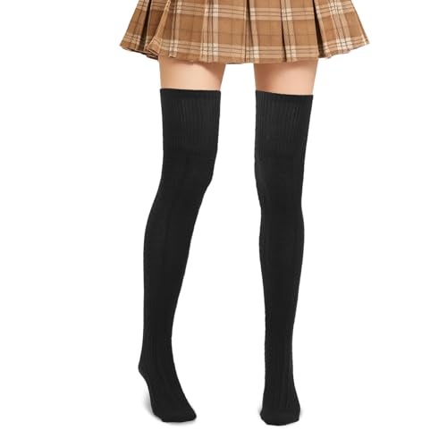HUKUMA Overknees Strümpfe Damen Schwarz, Warme Kniestrümpfe, Oberschenkelhohe Socken Damen