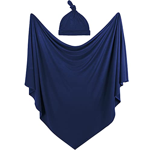 Image of OWLOWLA Swaddle Blanket and Hat Set Newborn Swaddle Wrap Baby Receiving Blanket for Baby Boys Girls(Navy)